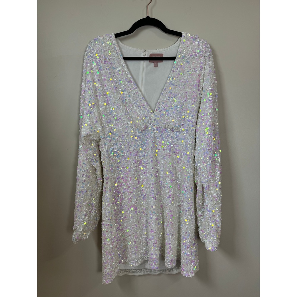 Show Me Your Mumu White Iridescent Sequin Mini Dress Long Sleeve V-Neck XL - Picture 2 of 7
